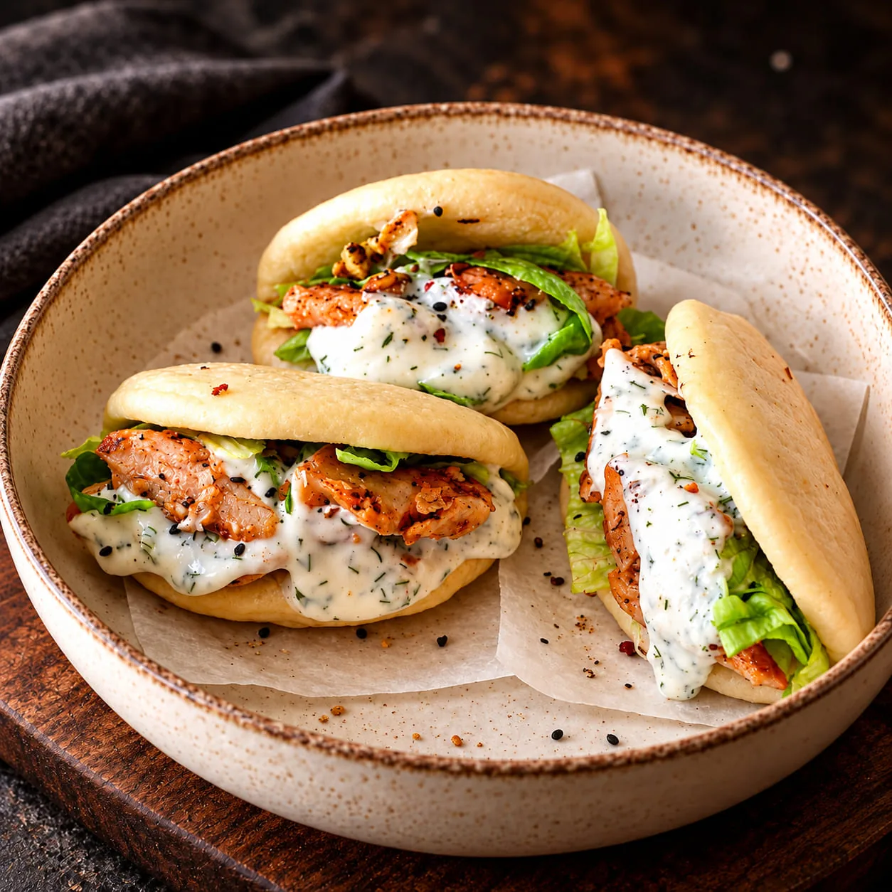 Pan bao de pollo con salsa de yogur