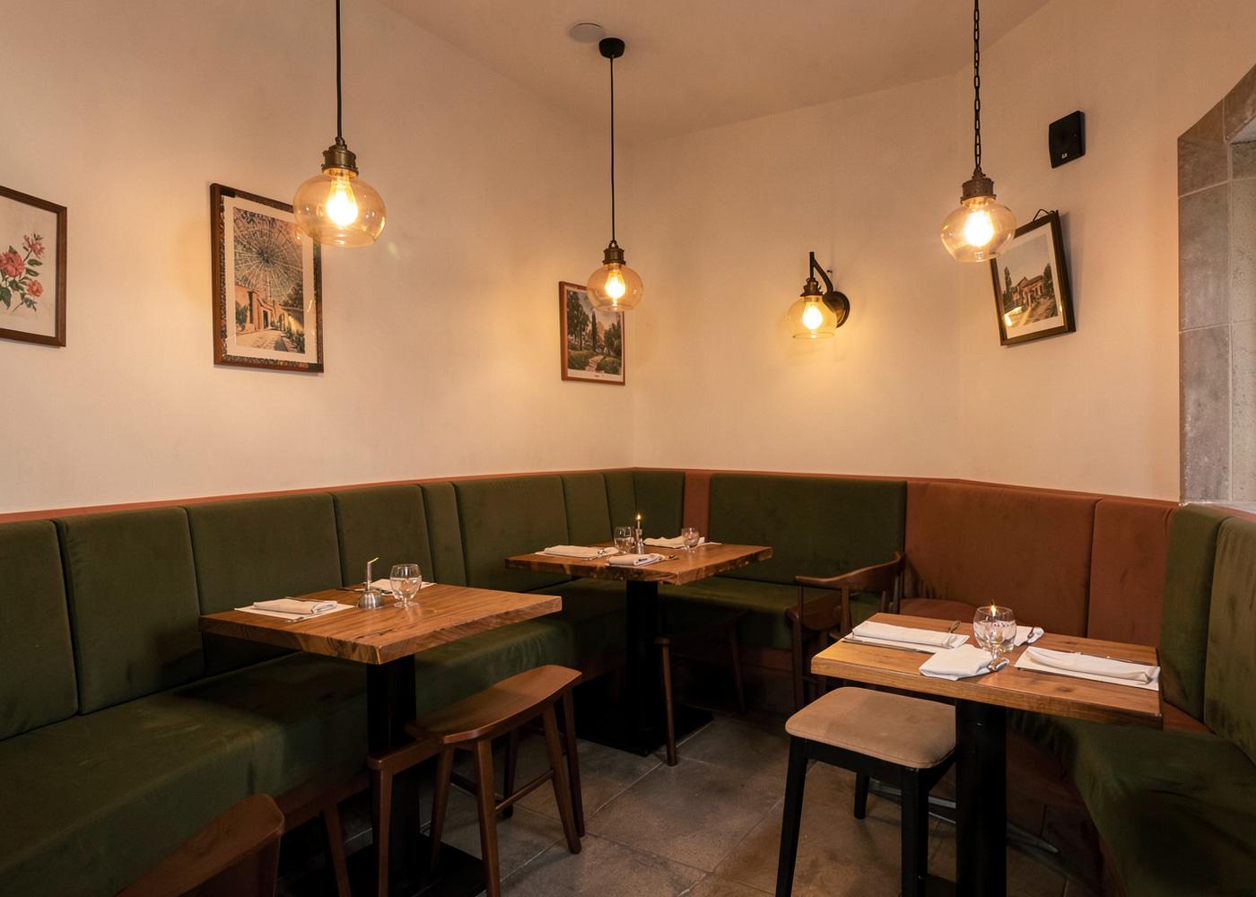 Interior acogedor de la taberna con banco verde oliva y luces cálidas