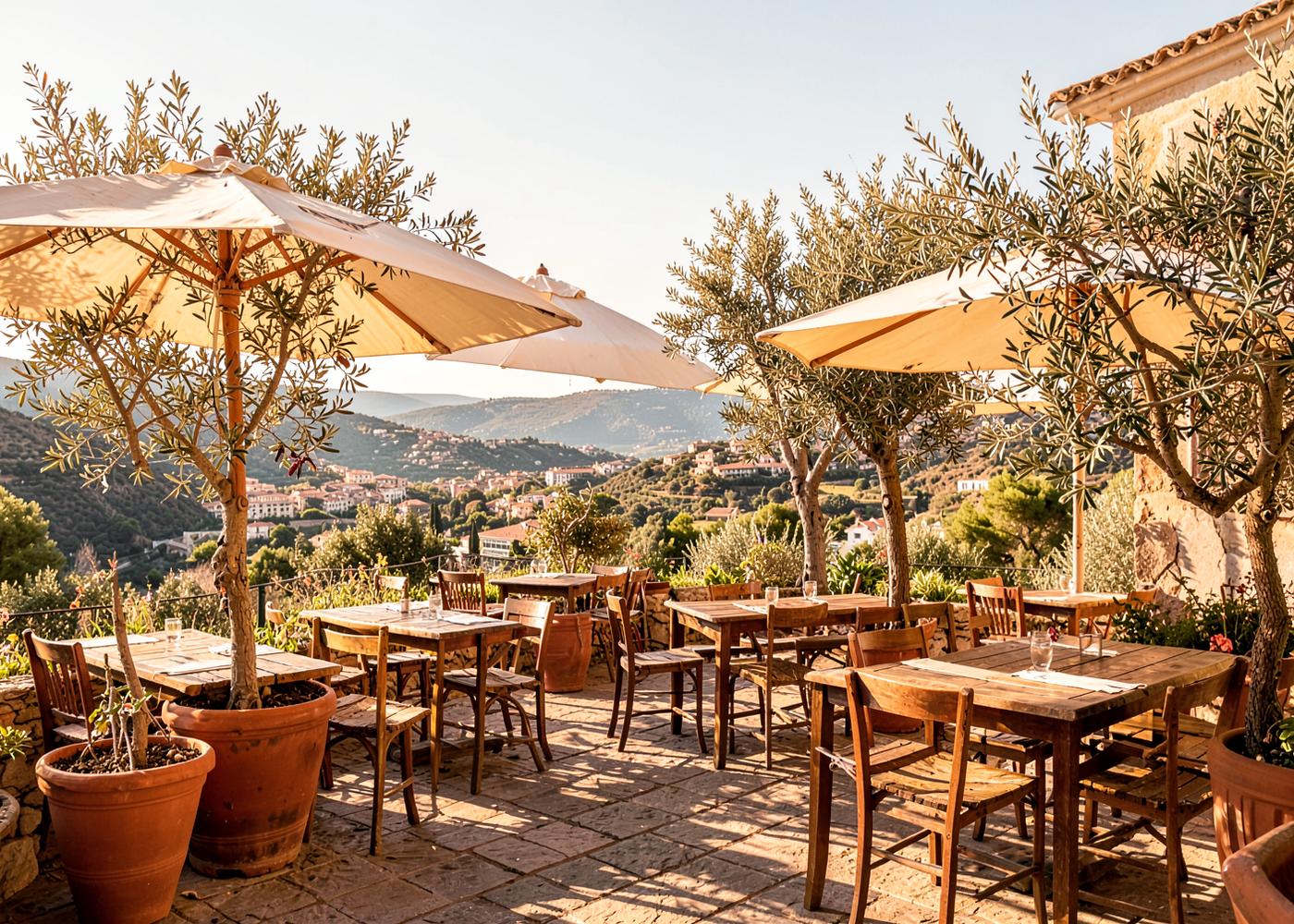 Propuesta visual provisional de una terraza mediterránea con olivos